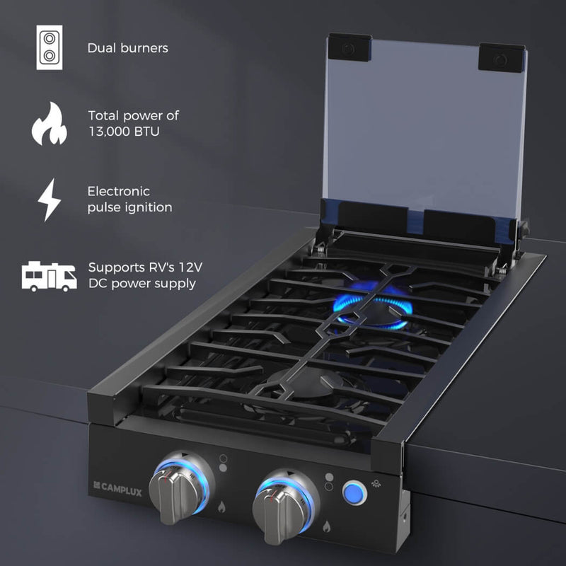 Load image into Gallery viewer, Camplux 2 Burners 12&quot; RV Cooktop Slide-in Gas Stove with Cover
