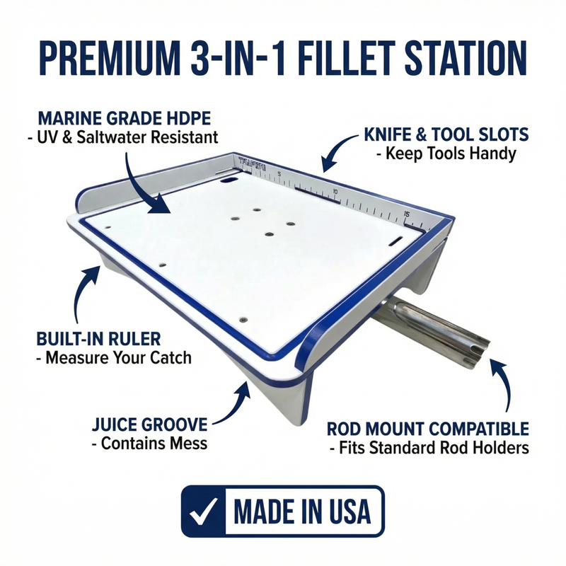 Load image into Gallery viewer, Premium Rod Mount 18" or 33" Raised Fillet Table – 3-in-1 Bait &amp; Fish Station | Fits Rod Holders, Buckets &amp; Flat Surfaces | Marine-Grade HDPE | Ruler, Juice Groove, Knife &amp; Tool Slots
