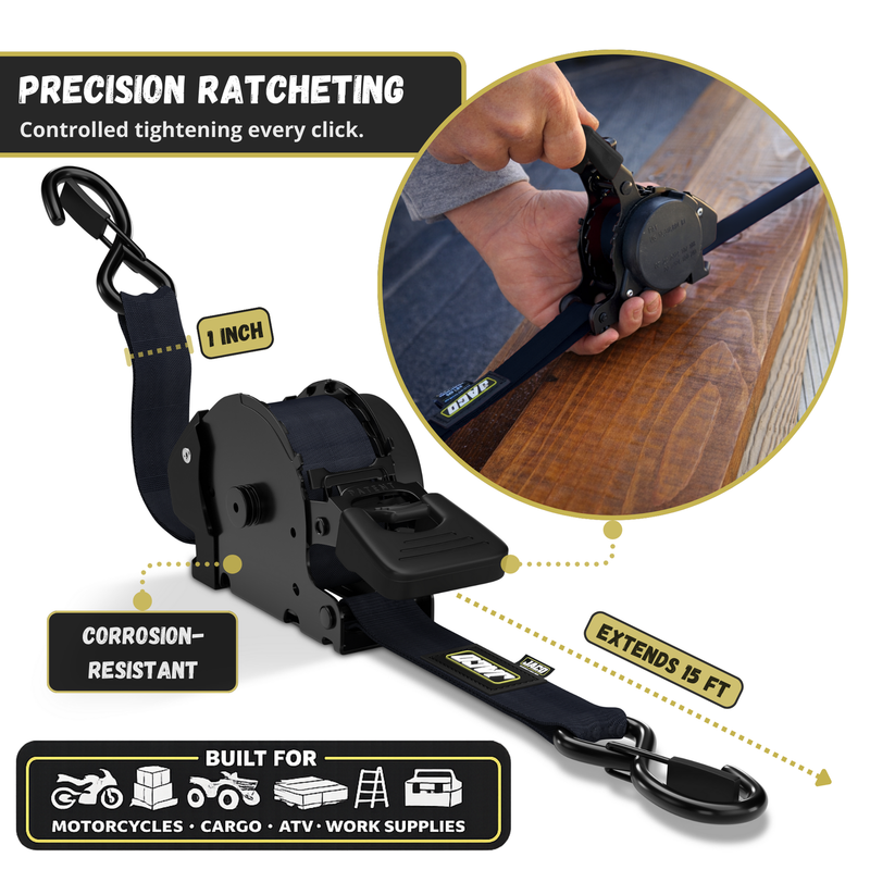 Load image into Gallery viewer, Retractable Ratchet Straps - 1" x 15 ft (1,760 lbs Break Strength) | Auto Self Retracting Cargo Tie Down Strap Set
