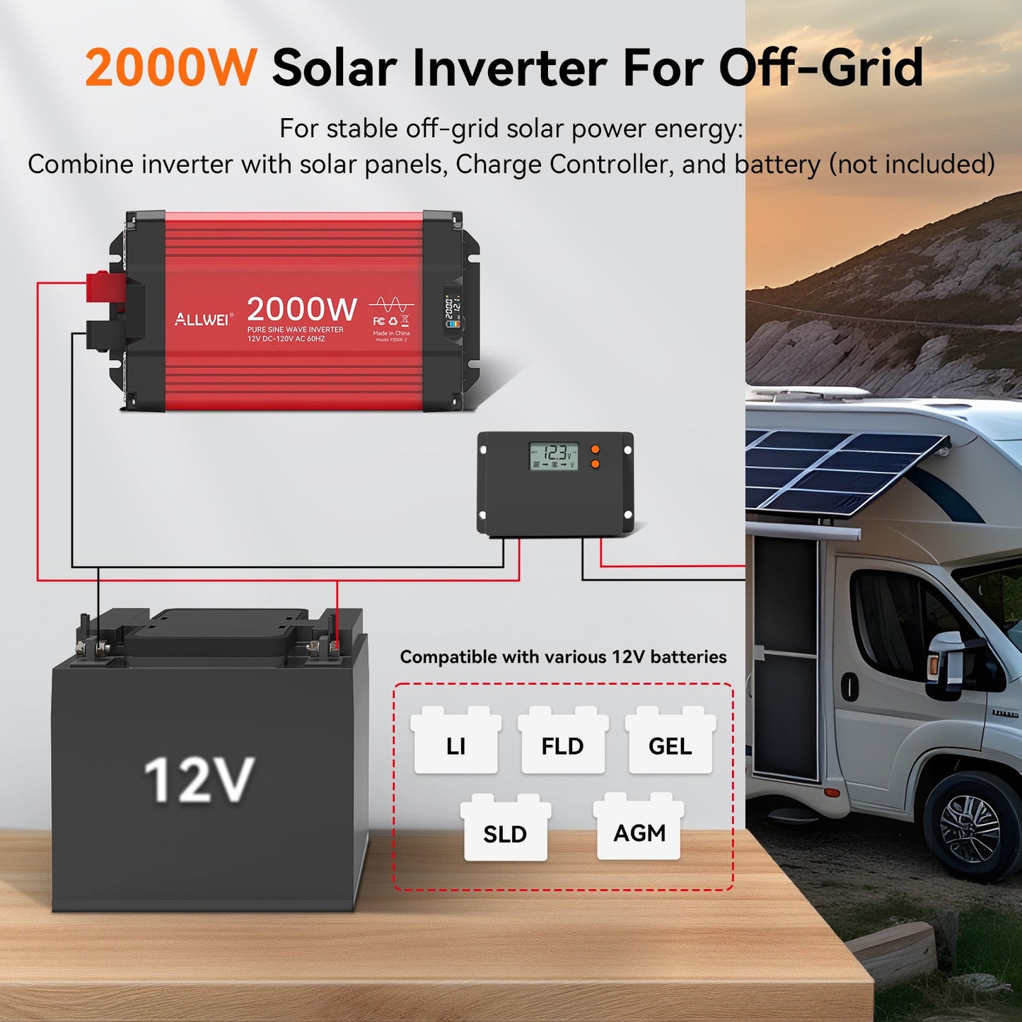 ALLWEI 2000W Pure Sine Wave Inverter - 12V DC to 120V AC Power Converter