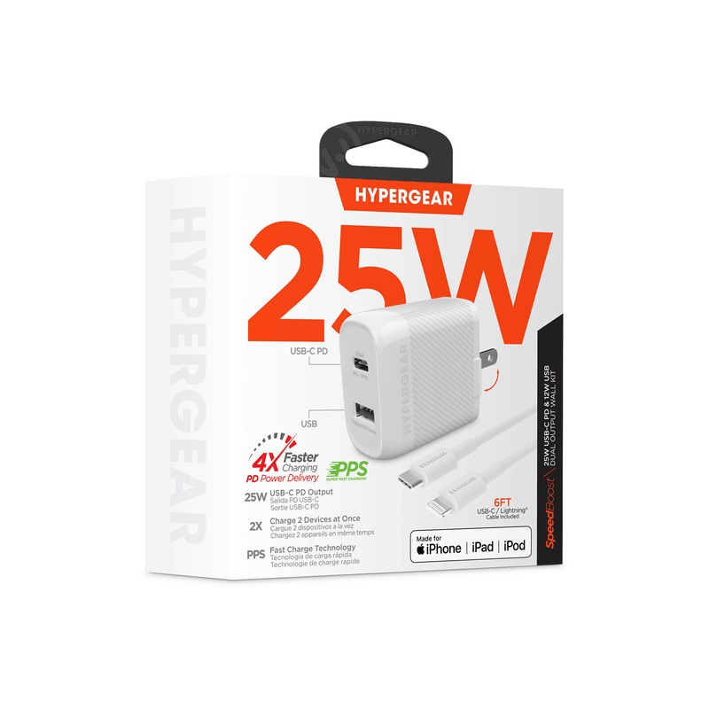 Load image into Gallery viewer, HyperGear SpeedBoost 25W USB-C PD + 12W USB Fast Wall Charger with PPS and 6ft MFi Lightning Cable
