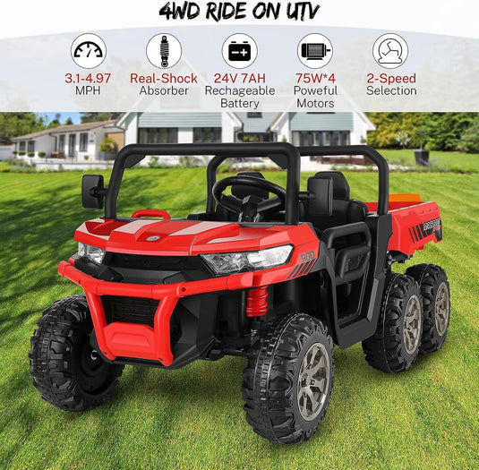 2-Seater 300W 4WD 6x6 Ride On UTV Truck with Dump Bed and LED Lights + Remote Control for Kids (24V)