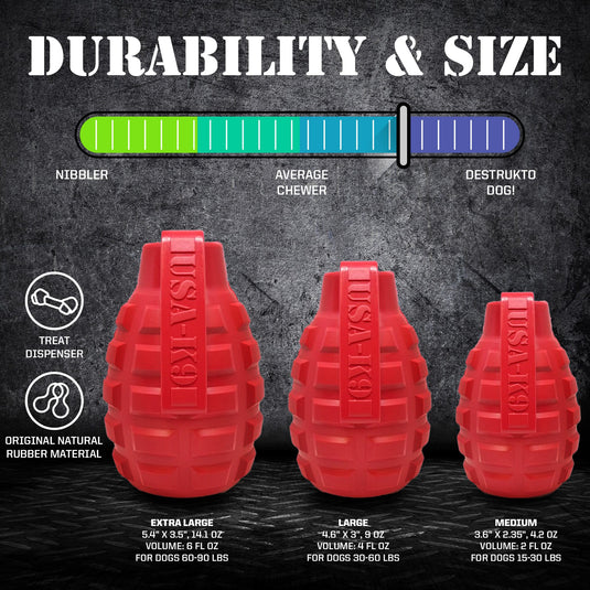 USA-K9 Grenade Rubber Dog Chew Toy | K9 Handler eDispenser Toy | Red & Blue | USA Made
