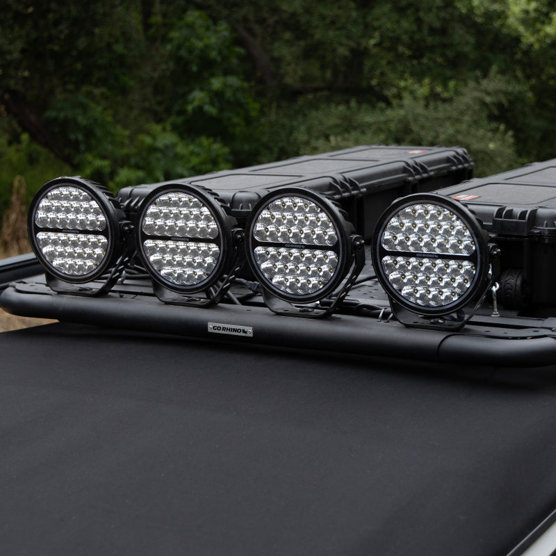 Load image into Gallery viewer, Go Rhino Xplor Blackout Series Round Single LED Spot Light Kit w/DRL (Surface Mount) 9in. - Blk
