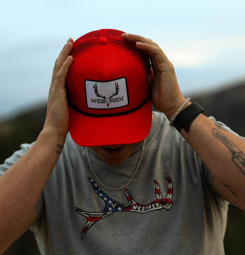 Load image into Gallery viewer, “Red Lightning Wes” 5-Panel Trucker Hat – Retro Western Mesh Back | Original Westrek Logo Cap | Red &amp; White Snapback
