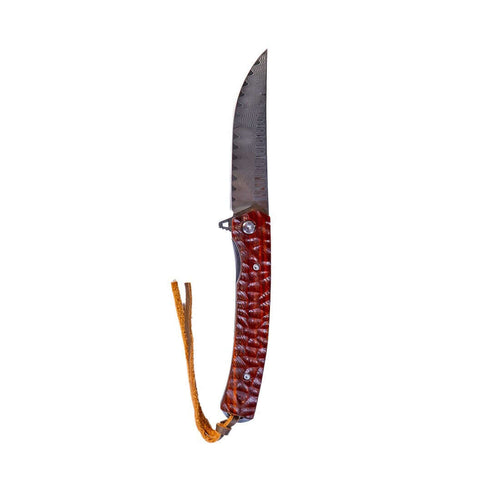 Damascus Flipper Knife Scraped Wood Handle Liner Lock 3.75