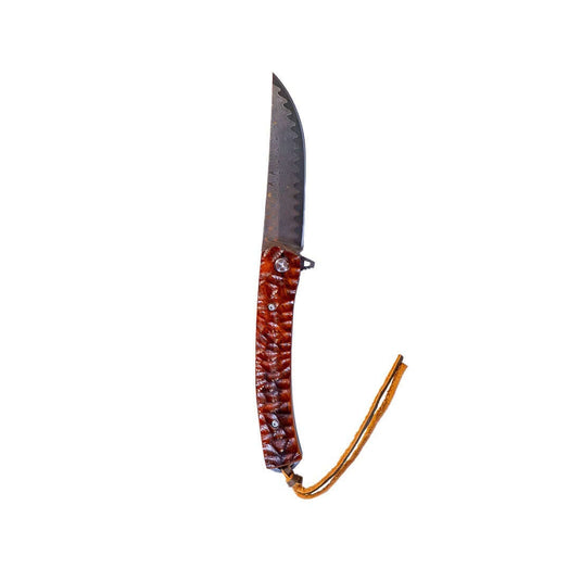 Damascus Flipper Knife Scraped Wood Handle Liner Lock 3.75