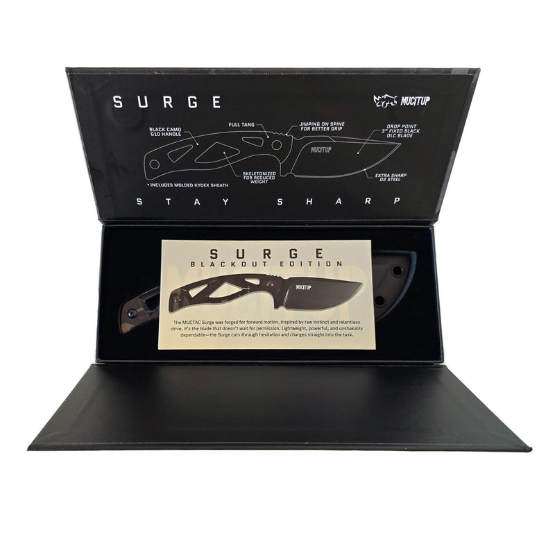 Load image into Gallery viewer, MUCITUP LIMITED EDITION MUCTAC Surge Fixed Blade Knife D2 Steel 3" DLC Blade Multicam Black G10
