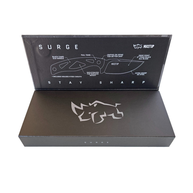 Load image into Gallery viewer, MUCITUP LIMITED EDITION MUCTAC Surge Fixed Blade Knife D2 Steel 3" DLC Blade Multicam Black G10
