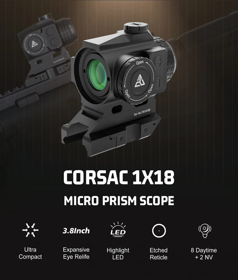 Load image into Gallery viewer, Corsac 1x18 Micro Prism Scope Etched Reticle 8 Day+2 NV IPX67 Hunting Optic
