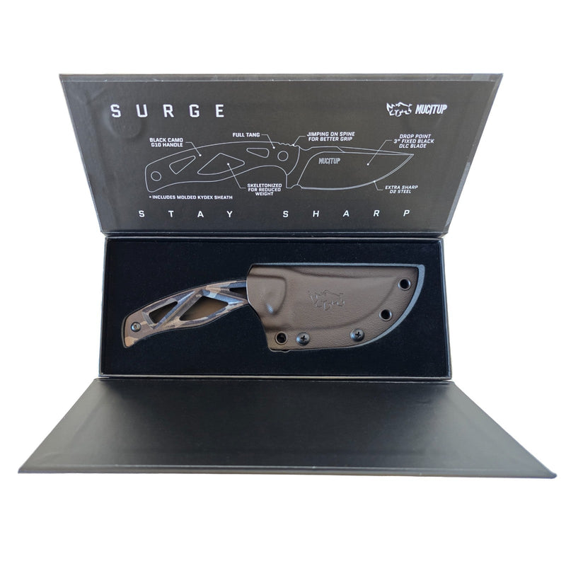 Load image into Gallery viewer, MUCITUP LIMITED EDITION MUCTAC Surge Fixed Blade Knife D2 Steel 3" DLC Blade Multicam Black G10
