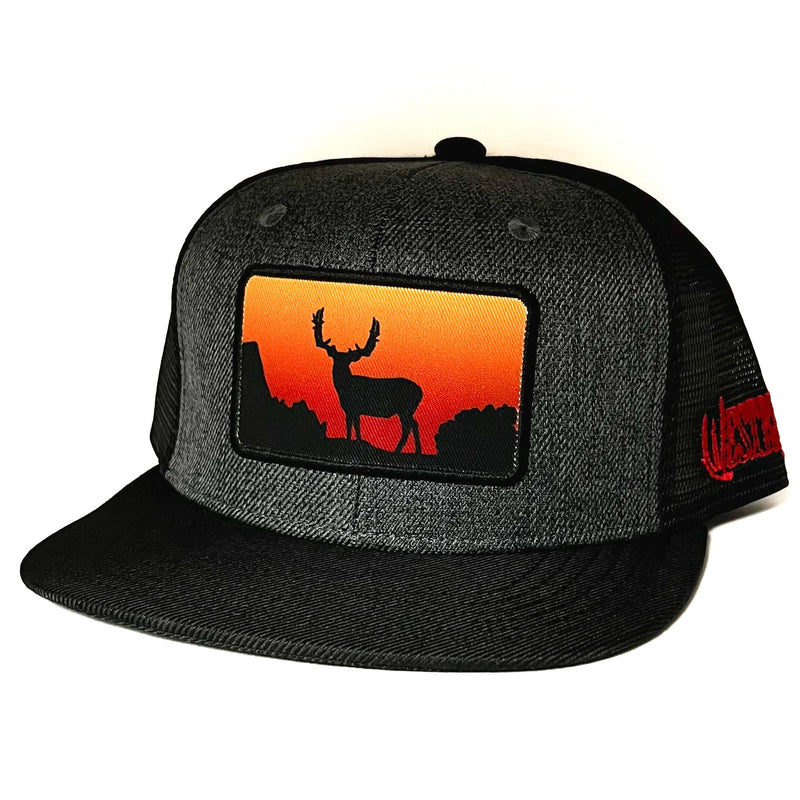 Load image into Gallery viewer, Desert Sunset Muley Edition Trucker Hat – Hand-Drawn Sunset Buck Logo | Western Hunting Hat | Westrek

