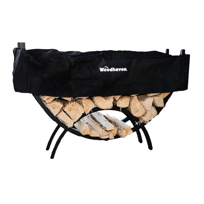 Load image into Gallery viewer, 5 ft Crescent Steel Firewood Rack with Seasoning Cover Woodhaven
