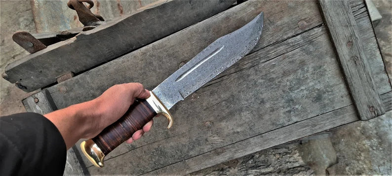 Load image into Gallery viewer, Crocodile Dundee Outback Bowie Knives 2025 – 16” Handmade Damascus Steel Blade with Leather &amp; Brass Handle + Sheath
