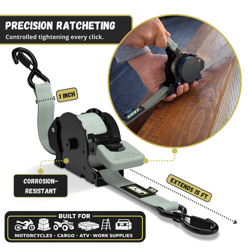 Load image into Gallery viewer, Retractable Ratchet Straps - 1" x 15 ft (1,760 lbs Break Strength) | Auto Self Retracting Cargo Tie Down Strap Set
