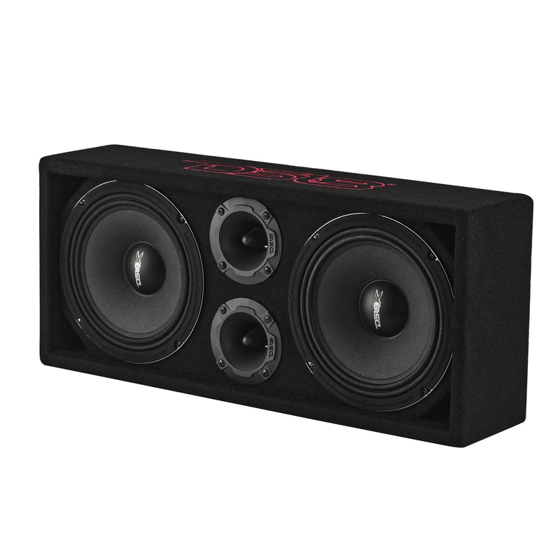 Load image into Gallery viewer, Loaded Voceteo Enclosure with Dual 8" Speakers, Dual 3.78" Tweeters, Amplifier &amp; Speakon Cable
