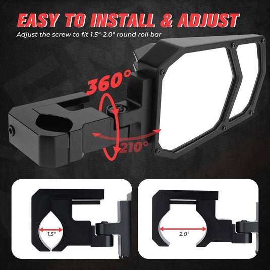 UTV Side Mirrors with light fit 1.5" - 2" Roll Bar