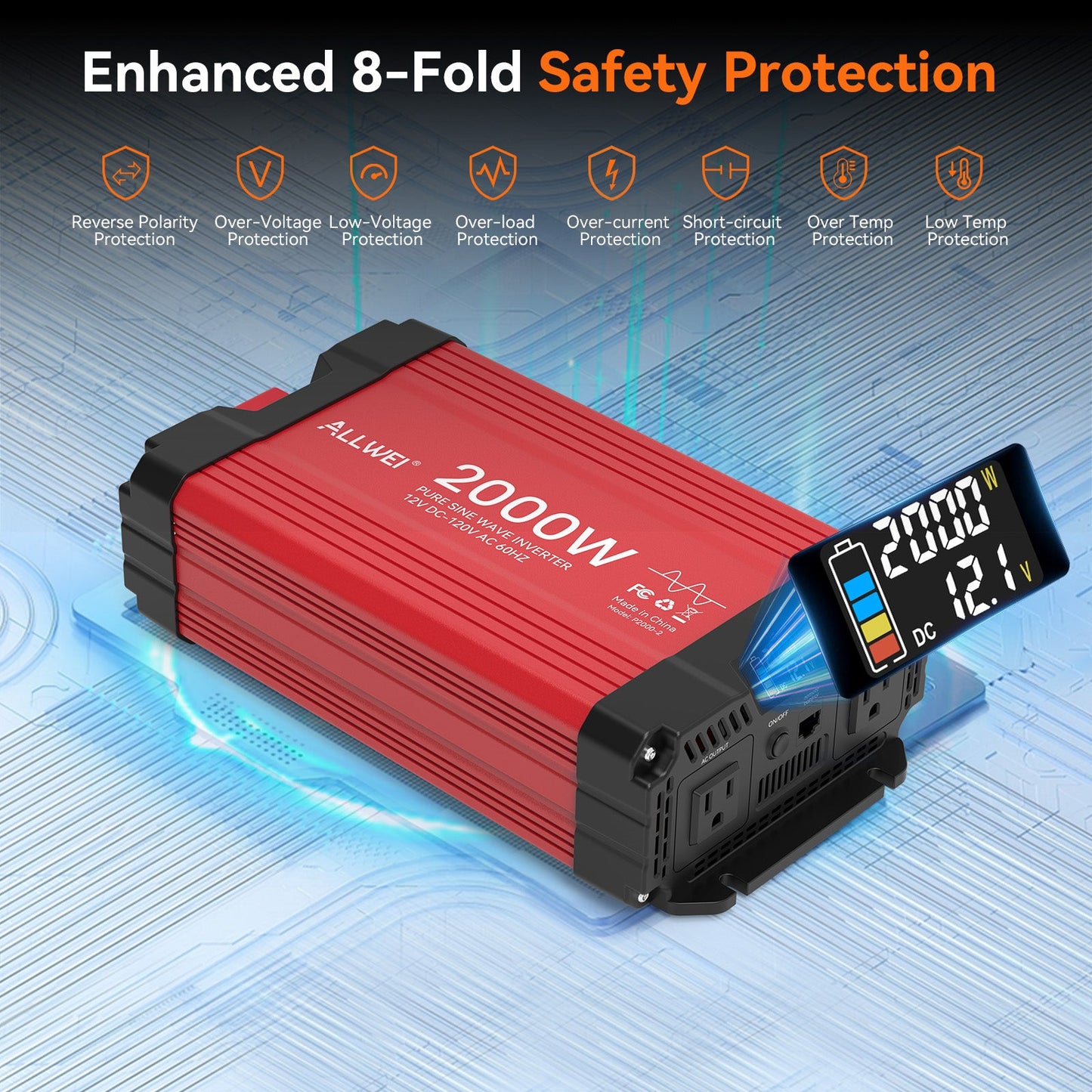 ALLWEI 2000W Pure Sine Wave Inverter - 12V DC to 120V AC Power Converter