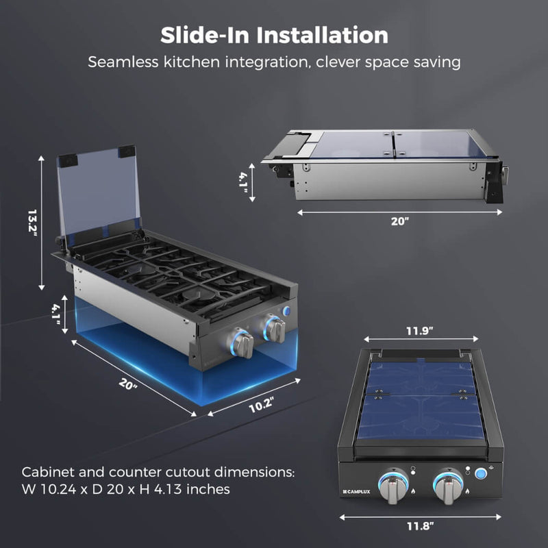 Load image into Gallery viewer, Camplux 2 Burners 12&quot; RV Cooktop Slide-in Gas Stove with Cover
