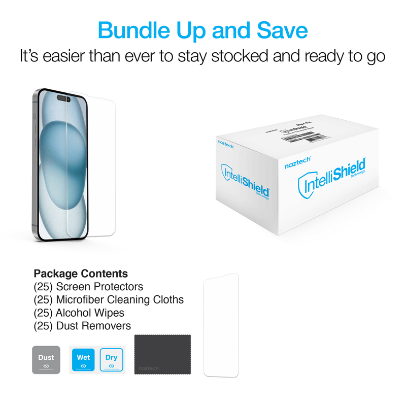 Load image into Gallery viewer, Naztech IntelliShield HD Tempered Glass 25pc Bundle Kit for iPhone 15 Pro
