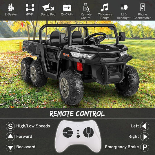6-Wheel 2-Seat Dump Truck Ride-On Toy with 24V Battery Power for Kids