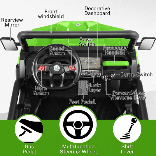 6-Wheel 2-Seat Dump Truck Ride-On Toy with 24V Battery Power for Kids