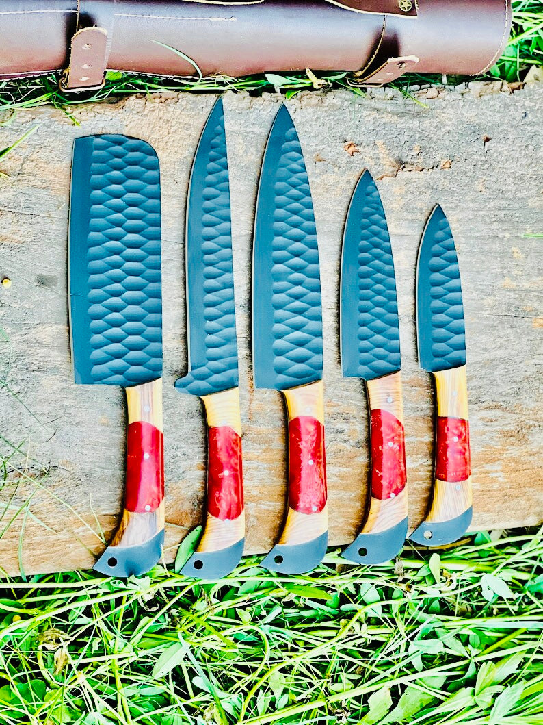 Load image into Gallery viewer, Best Japanese Kitchen Knife Set – 13&quot; Forged Stainless Steel Chef Knife with Olivewood &amp; Resin Handle + Leather Sheath
