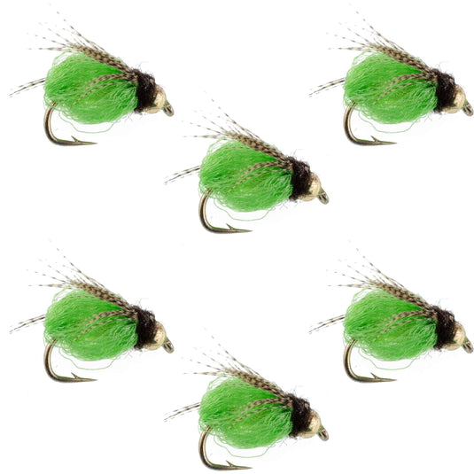 Bead Head LaFontaine Bright Green Deep Sparkle Caddis Pupa - 6 Flies Hook Size 16