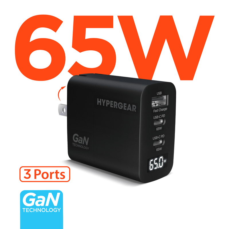 Load image into Gallery viewer, HyperGear SpeedBoost 65W USB-C PD Tri-Port GaN Laptop Charger with PPS and Digital Display
