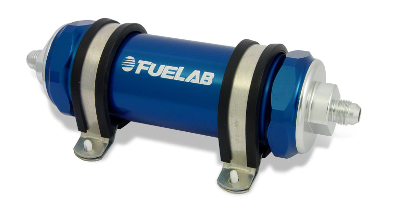 Load image into Gallery viewer, Fuelab 858 In-Line Fuel Filter Long -8AN In/Out 6 Micron Fiberglass w/Check Valve - Blue
