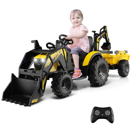 Electric 12V Ride-On Excavator Bulldozer with Trailer for Kids - Remote Control Included
