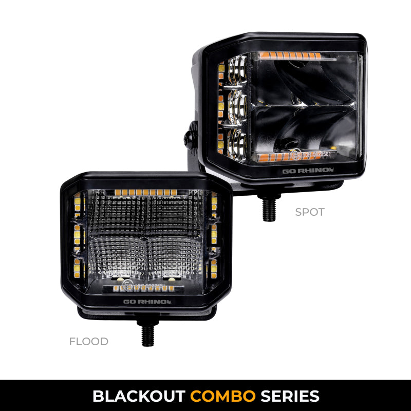 Load image into Gallery viewer, Go Rhino Xplor Blackout Combo Series Cube Sideline LED Spot Lights w/ Amber 4x3 - Blk (Pair)
