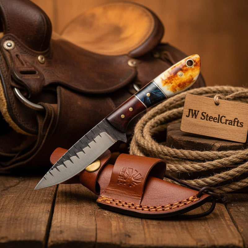 Load image into Gallery viewer, Trailblazer Amber Skinner Knife with dark wood amber resin butt cap handle
