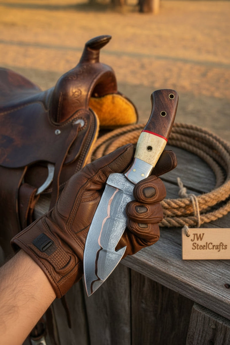 Load image into Gallery viewer, Roughrider Trail Gut Hook Knife 10" Handmade San Mai Steel
