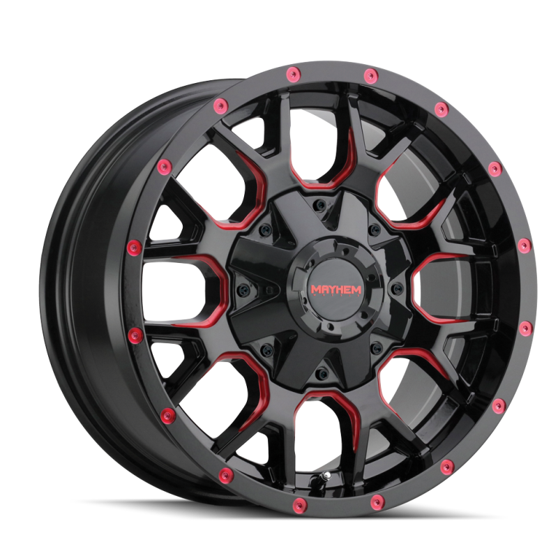 Load image into Gallery viewer, Mayhem 8015 Warrior 17x9 / 5x127 BP / -12mm Offset / 87mm Hub Black w/ Prism Red Wheel
