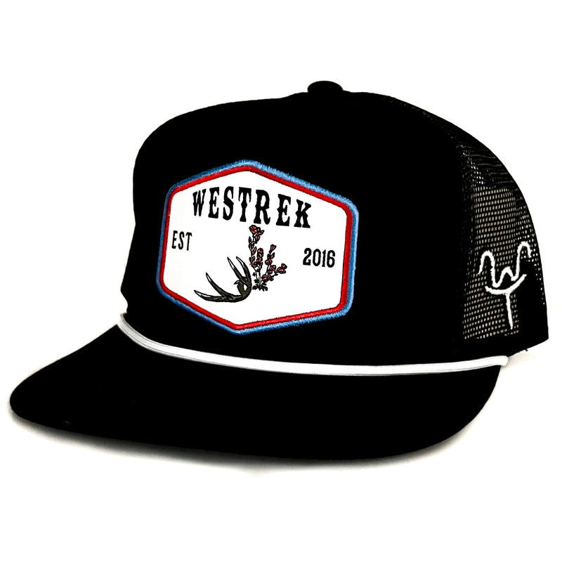 Load image into Gallery viewer, Black “Indian Paintbrush with Deer Antler” Trucker Hat – Western Hunting Hat | Westrek
