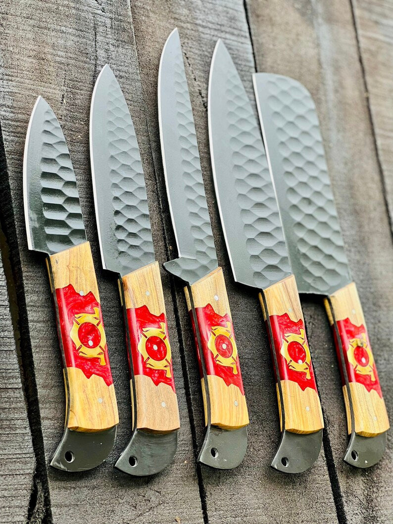 Load image into Gallery viewer, Stainless Steel Knife Set 13" – Forged Blades with Olivewood &amp; Epoxy Handles + Leather Sheath
