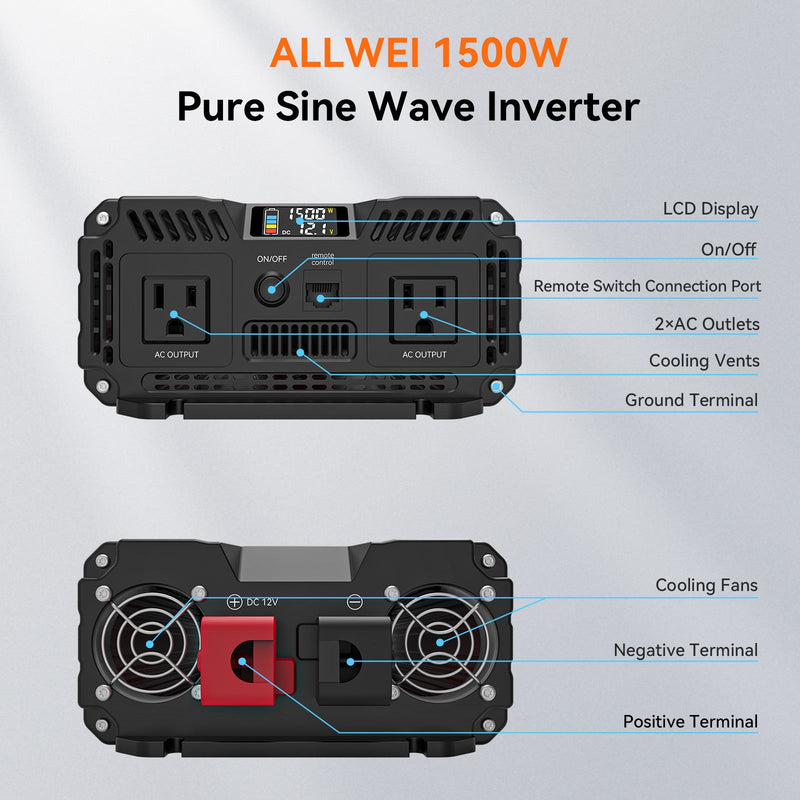 Load image into Gallery viewer, ALLWEI 1500W Pure Sine Wave Inverter 12V to 120V AC
