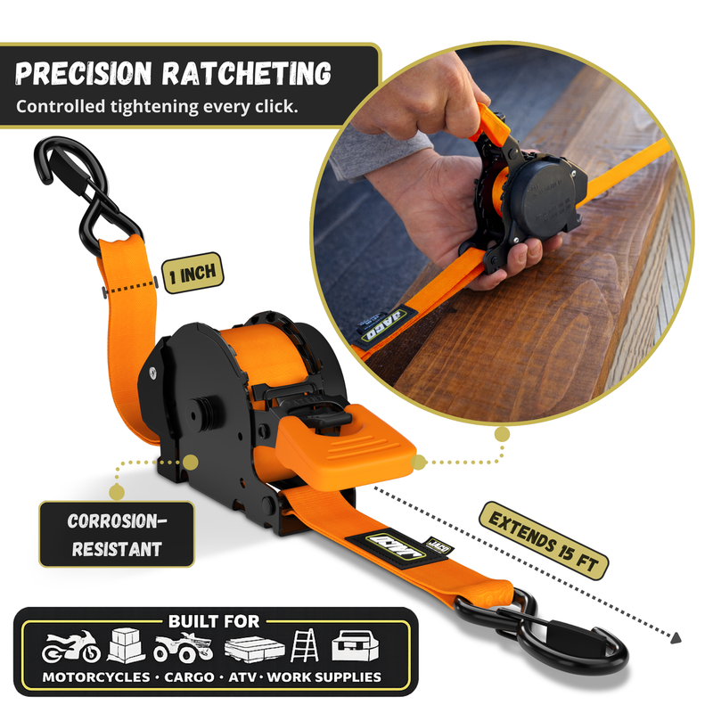 Load image into Gallery viewer, Retractable Ratchet Straps - 1" x 15 ft (1,760 lbs Break Strength) | Auto Self Retracting Cargo Tie Down Strap Set
