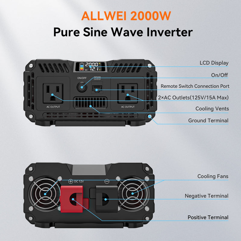 Load image into Gallery viewer, ALLWEI 2000W Pure Sine Wave Inverter - 12V DC to 120V AC Power Converter
