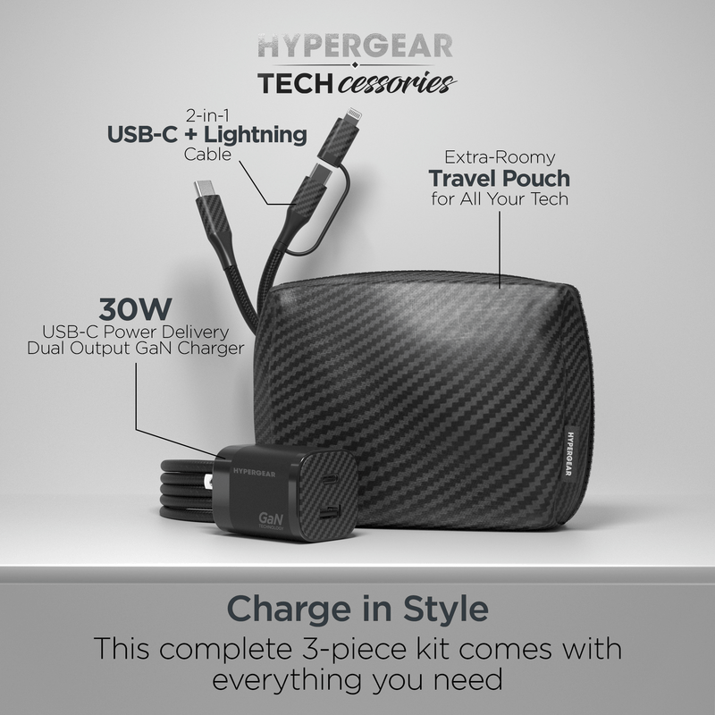 Load image into Gallery viewer, HyperGear TECHcessories 30W USB-C PD Charging Kit with Travel Pouch

