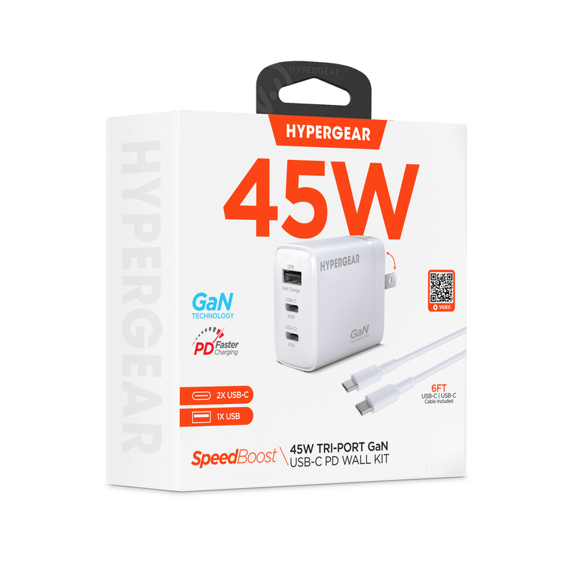 Load image into Gallery viewer, HyperGear SpeedBoost 45W USB-C PD Tri-Port GaN Fast Wall Charger with PPS and 6ft USB-C Cable
