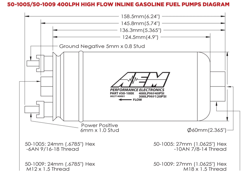 Load image into Gallery viewer, AEM Electronics 400lph Inline High Flow Fuel Pump. 400lph@40psi, 300LPH@120psi. M18x1
