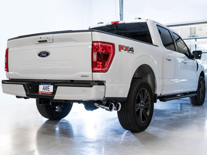 Load image into Gallery viewer, AWE 0FG 21+ Ford F150 Dual Side Exit Cat-Back Exhaust- 4.5in Chrome Silver Tips
