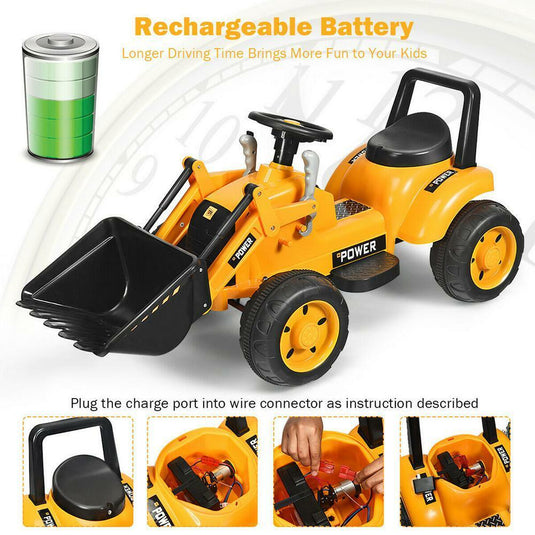6V Battery Powered Kids Excavator Digger with Digging Bucket - Yellow Tractor Toy