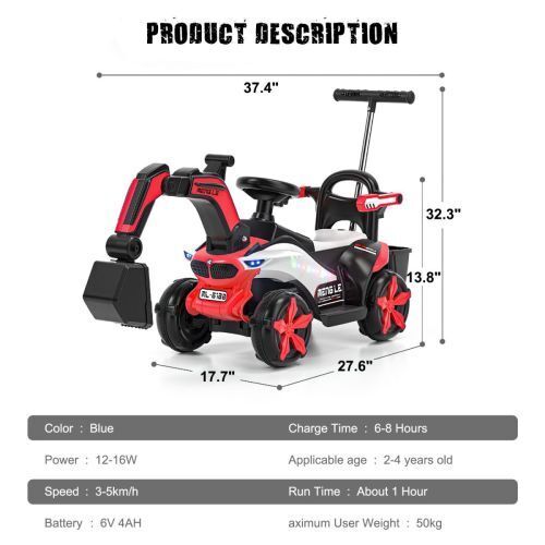 6v Electric Excavator Toy Car with Bluetooth and Rear Reserve Box for Kids