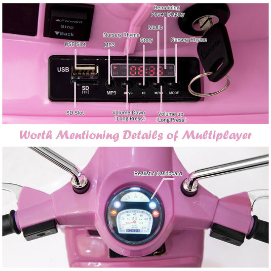 6V Pink Kids Vespa Scooter with Training Wheel and Headlight