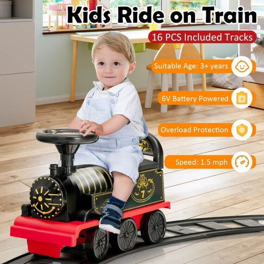 6V Ride On Train Electric Toy Car with Track, Lights, Music, and Storage for Toddlers - Black