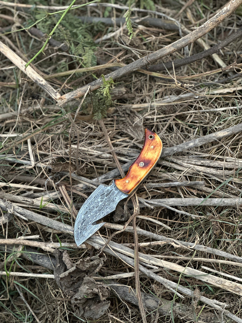 Load image into Gallery viewer, Custom Handmade Damascus Steel Guthook Skinning Knife with Camel Bone Handle - 7.5” Blade with Leather Sheath
