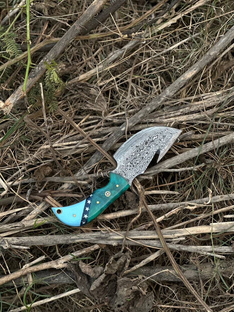 Load image into Gallery viewer, Elite Custom Handmade Damascus Steel Guthook Skinning Knife with Resin Handle - 7.5” Premium Blade with Leather Sheath
